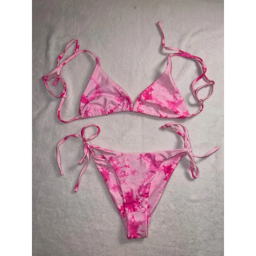 Zaful Pink Tie Dye Bikini Set Triangle Top Side Tie Bottoms‎ Womens Size S 4